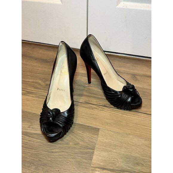 Christian Louboutin Lady Gres Black Leather Peep-Toe Platforms Heels Women 10 - Picture 8 of 13